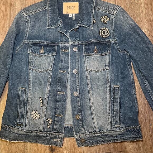 Paige “Ciao Baby!” Embellished Denim Jacket Women’s M Blue Pearl Rhinestone Jean - Picture 5 of 13